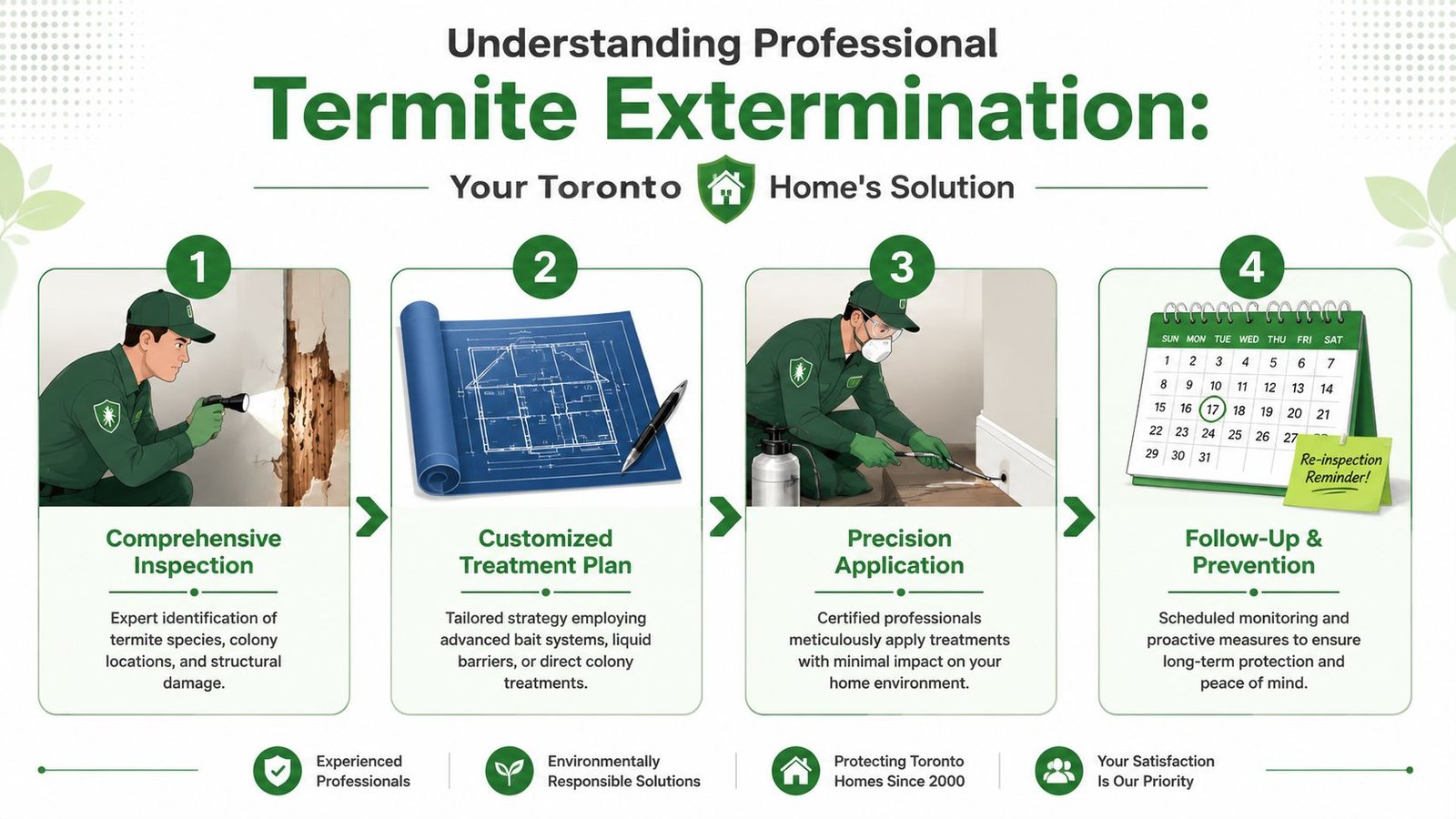 An infographic illustrating the four-step professional termite extermination process for homes in Toronto.