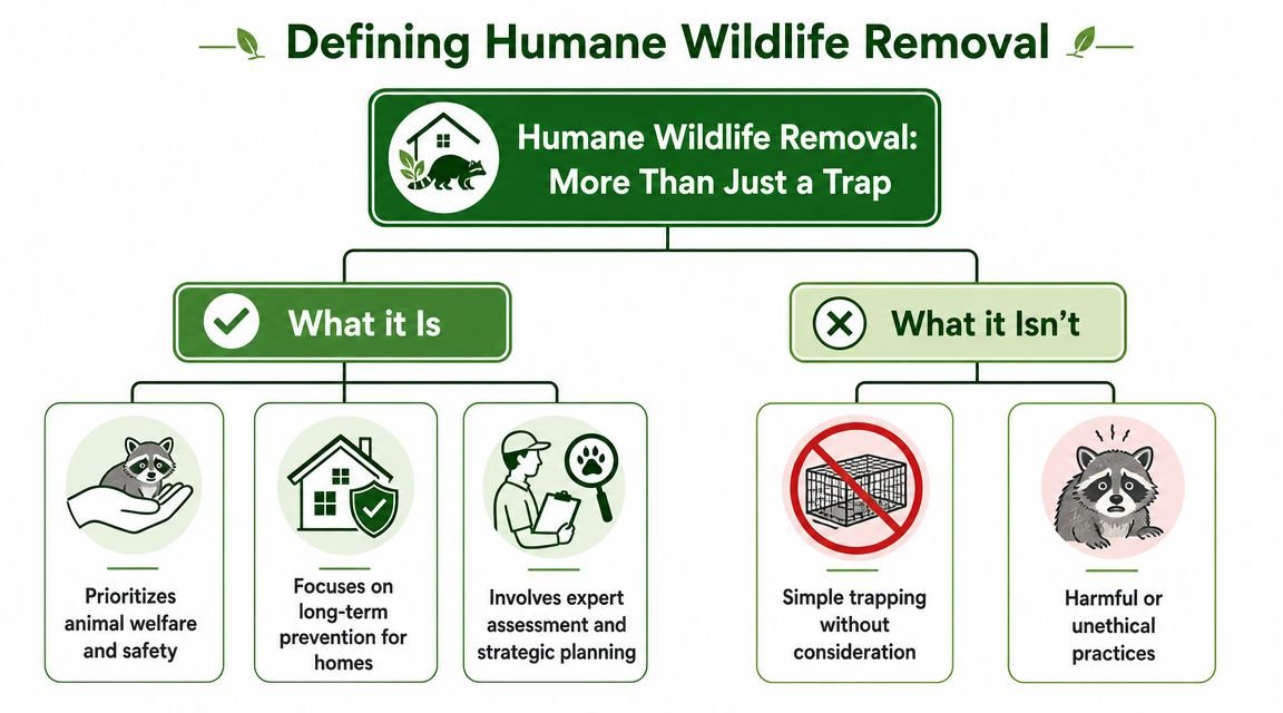 Humane Wildlife Removal in Toronto: A Homeowner's Guide 1 An infographic titled Defining Humane Wildlife Removal comparing the principles of humane practices versus unethical trapping methods.