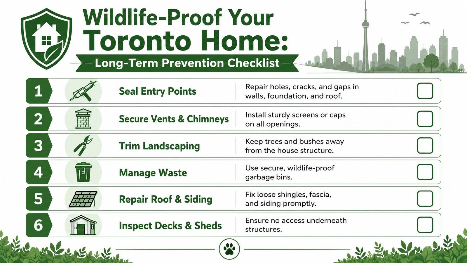 Humane Wildlife Removal in Toronto: A Homeowner's Guide 3 A checklist for homeowners titled Wildlife-Proof Your Toronto Home, listing six tips for preventing animal intrusion.