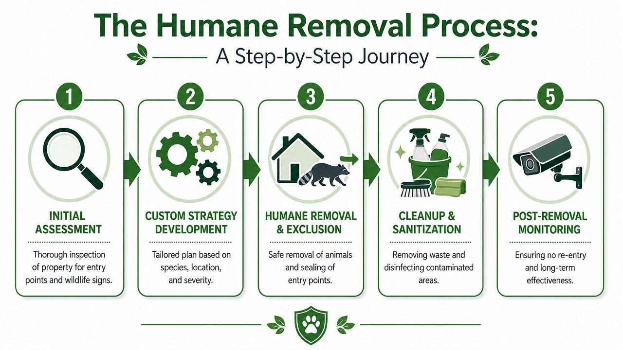 Humane Wildlife Removal in Toronto: A Homeowner's Guide 2 An infographic detailing the five-step humane wildlife removal process from initial assessment to post-removal monitoring.