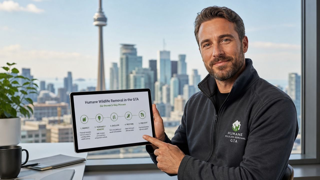 Humane Wildlife Removal in Toronto: A Homeowner's Guide 4 A professional man holding a tablet showcasing a five-step humane wildlife removal process in an office.