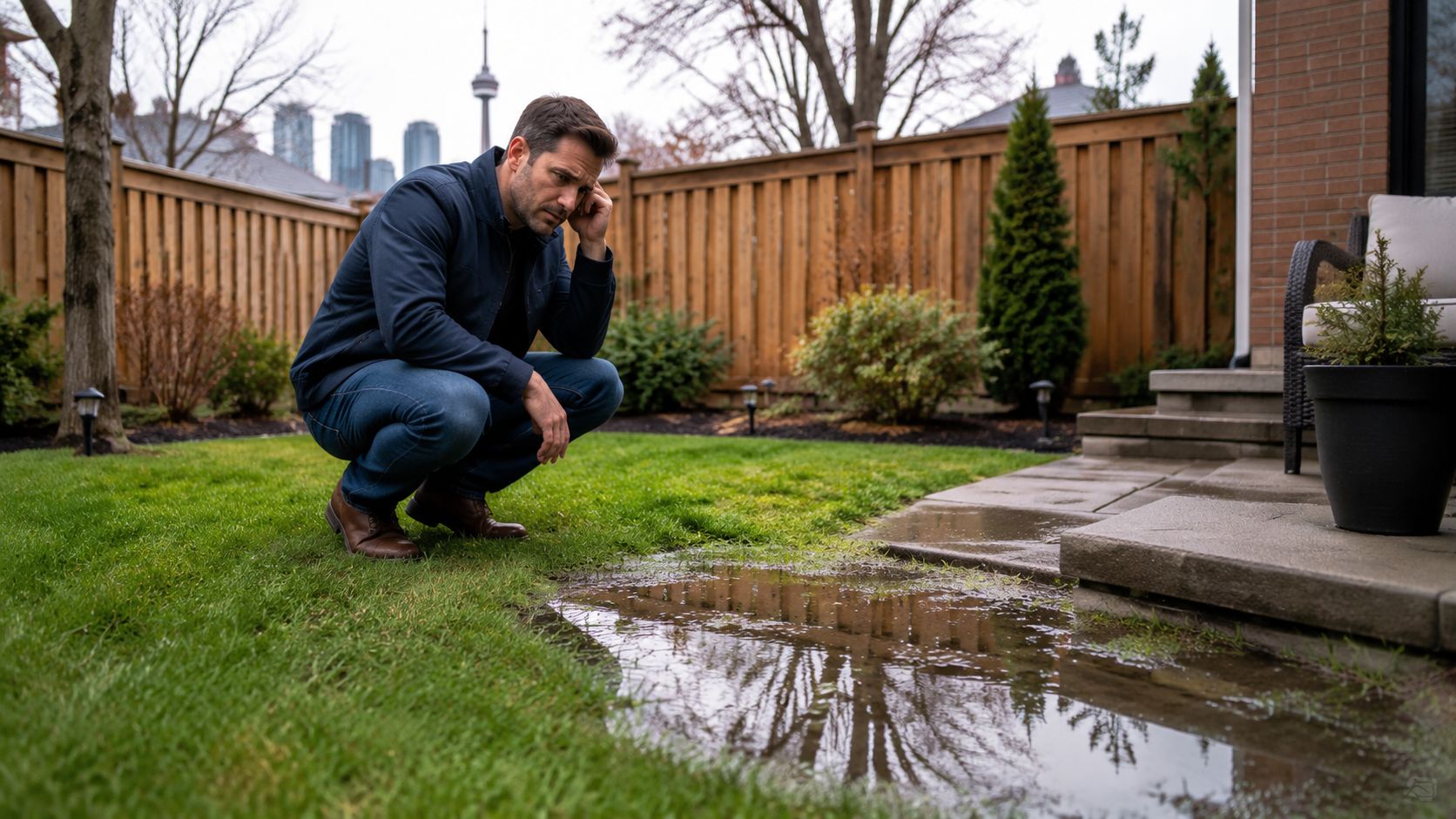 A concerned man crouches next to a large puddle in his backyard, potentially checking for mosquito breeding sites.