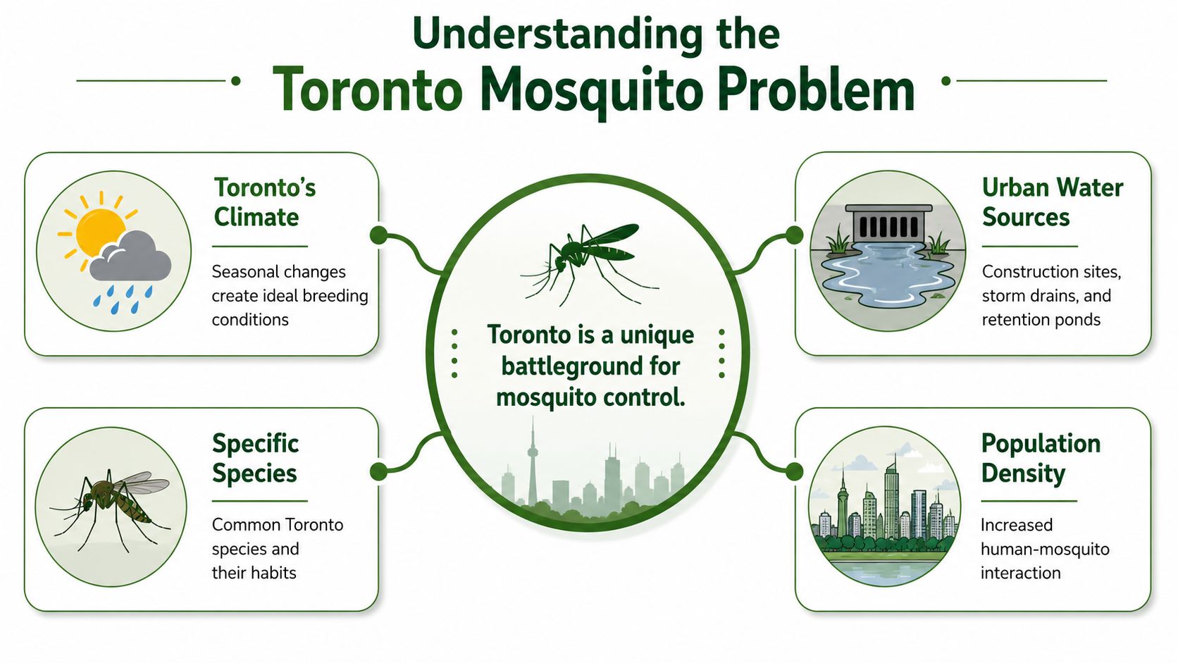 An infographic titled Understanding the Toronto Mosquito Problem highlighting factors like climate, water sources, species, and density.
