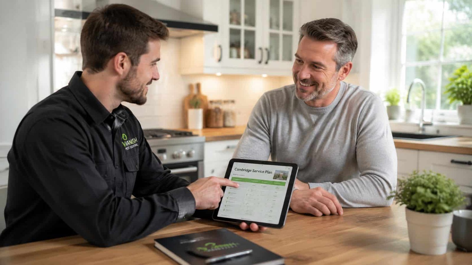 A professional pest control consultant discusses a service plan on a digital tablet with a happy homeowner.
