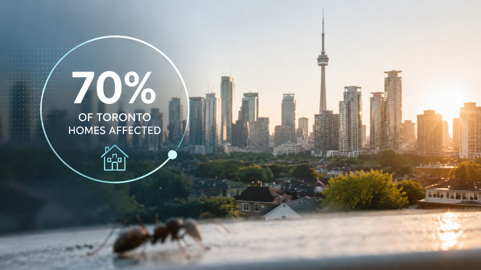 Pest Control Companies Toronto: Select the Right Service 1 An ant in the foreground with the Toronto skyline in the background, highlighting home pest infestation statistics.