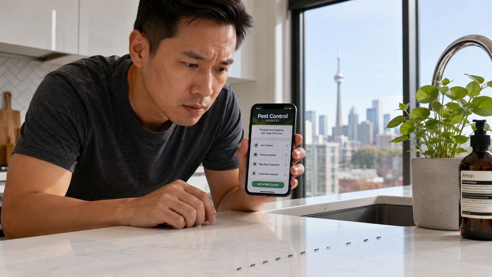 Pest Control Companies Toronto: Select the Right Service 3 A concerned man looking at a trail of ants on his kitchen counter while holding a pest control app.
