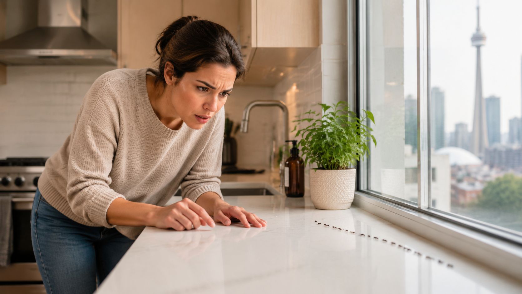 Best Pest Control Companies Toronto: Your 2026 Guide 3 A concerned woman looks at a line of ants walking across her kitchen countertop in Toronto.
