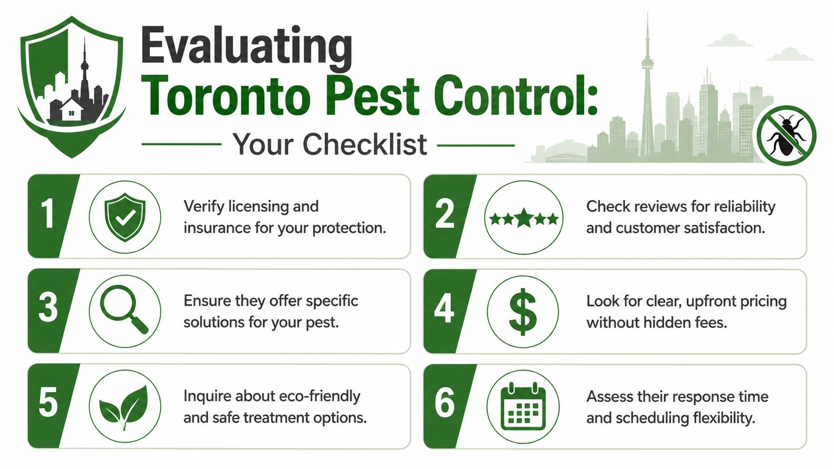 Pest Control Companies Toronto: Select the Right Service 2 An infographic checklist for evaluating pest control companies in Toronto, featuring six essential service criteria.