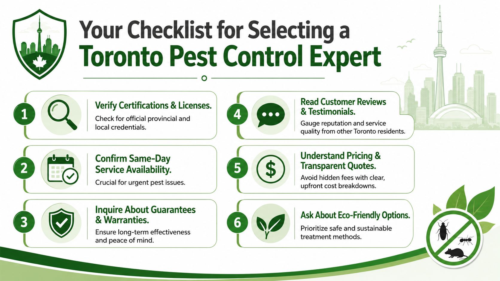 Best Pest Control Companies Toronto: Your 2026 Guide 1 A six-step checklist for hiring professional pest control services in the city of Toronto, Canada.