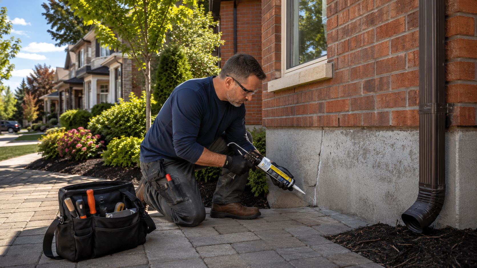 Best Pest Control Companies Toronto: Your 2026 Guide 4 A professional contractor kneeling to apply sealant to a concrete foundation crack on a brick house.