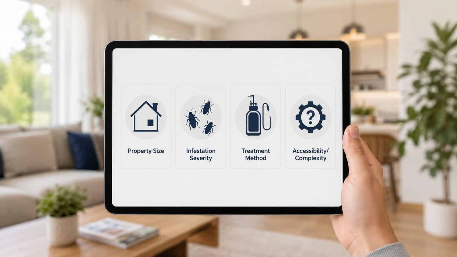 A hand holding a tablet displaying four icons related to determining the cost of pest control services.