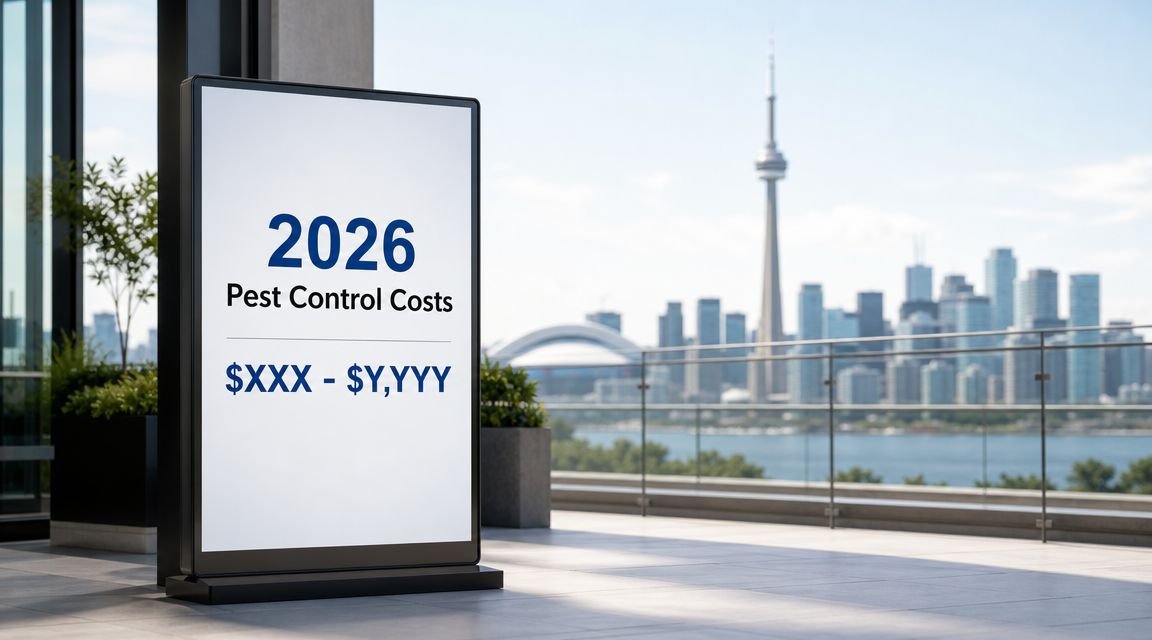 Pest Control Cost Toronto 2026: Your Guide to Fair Prices 1 A digital display sign on a balcony overlooking the Toronto skyline advertising 2026 pest control costs.
