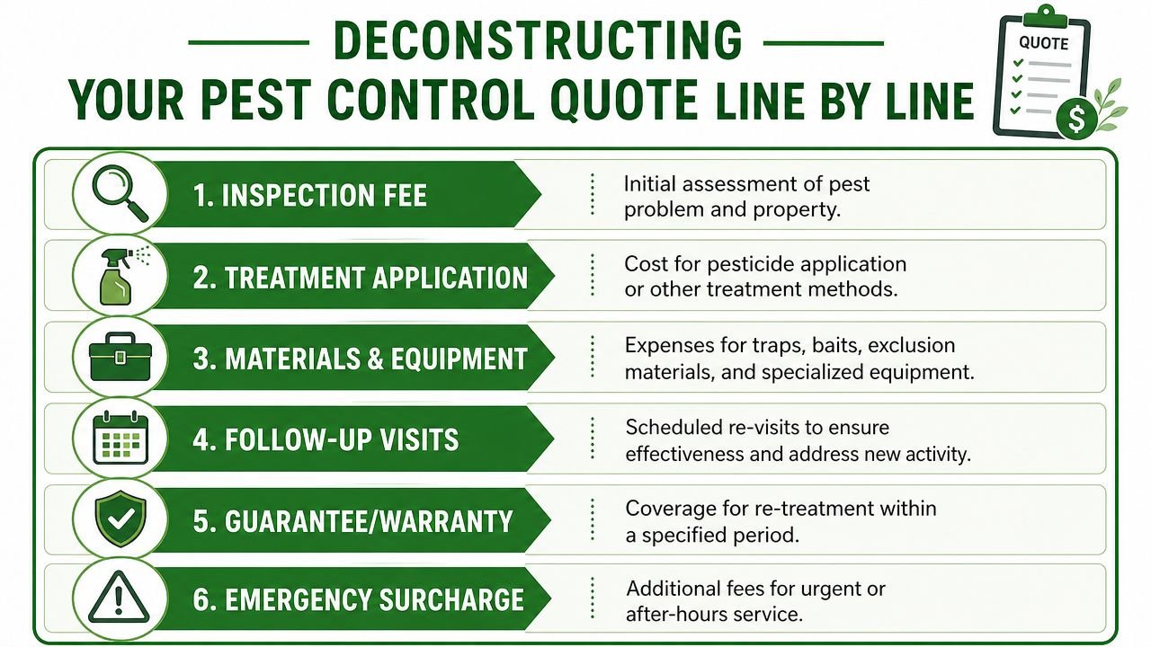 Pest Control Cost Toronto 2026: Your Guide to Fair Prices 2 An infographic titled Deconstructing Your Pest Control Quote Line by Line showing six common pricing components.