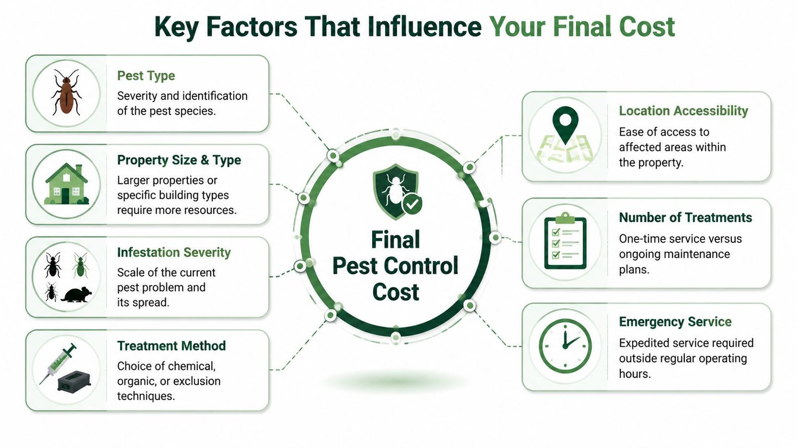 Pest Control Cost Toronto 2026: Your Guide to Fair Prices 3 A diagram illustrating the seven key factors influencing the total cost of professional pest control services.