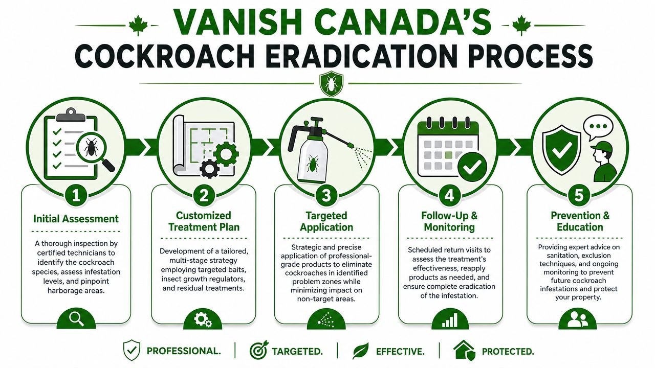 Pest Control Toronto Cockroaches: Your 2026 Elimination 3 A five-step infographic showing the Vanish Canada professional process for effective cockroach eradication and home pest control.