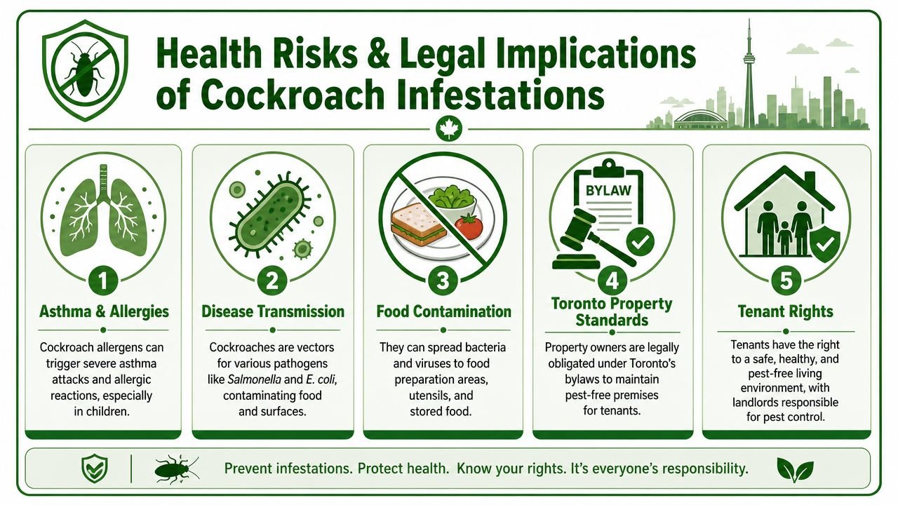 Pest Control Toronto Cockroaches: Your 2026 Elimination 1 An infographic detailing the health risks and legal implications of cockroach infestations in Toronto homes.