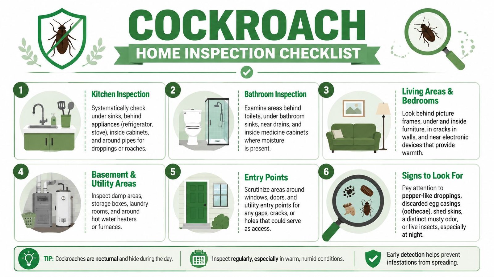 Pest Control Toronto Cockroaches: Your 2026 Elimination 2 An infographic titled Cockroach Home Inspection Checklist illustrating six key areas to inspect for pest infestations.