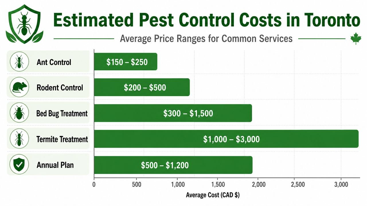 Pest Control Toronto Price: A 2026 Cost Guide for Homeowners 1 Bar chart showing estimated price ranges for common pest control services in Toronto, Canada in CAD dollars.