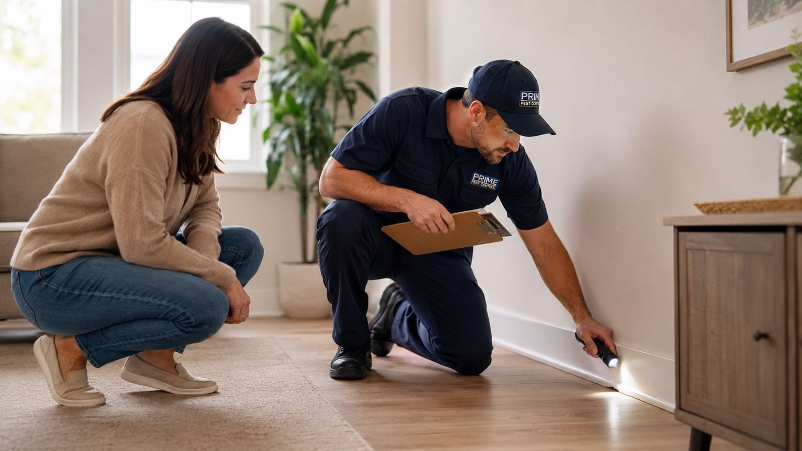 Pest Control Toronto Price: A 2026 Cost Guide for Homeowners 3 A professional pest control technician inspects a wall baseboard with a flashlight while a homeowner watches closely.