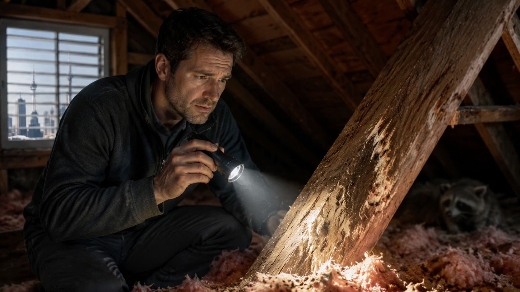 A professional inspector examining a wooden beam in a dusty attic where a raccoon is hiding.
