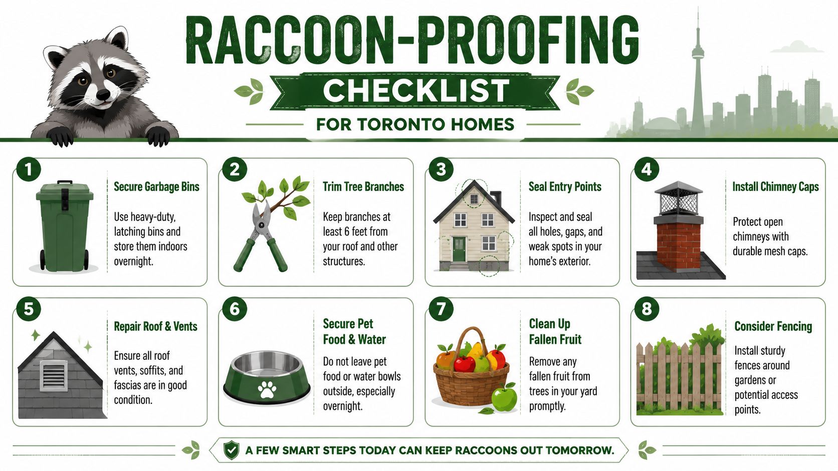 A raccoon-proofing checklist for Toronto homes outlining eight essential steps to prevent raccoon infestations.