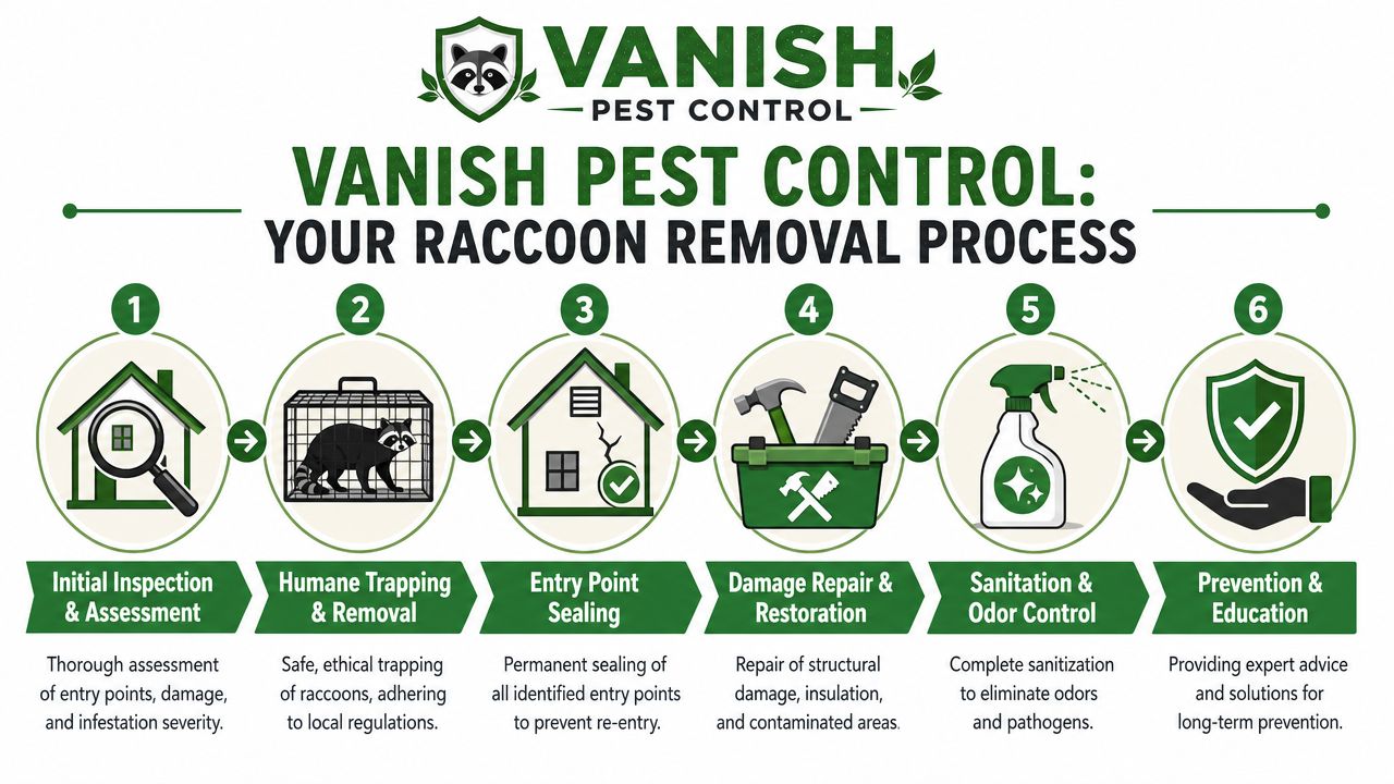 A six-step infographic detailing the professional raccoon removal process provided by Vanish Pest Control services.