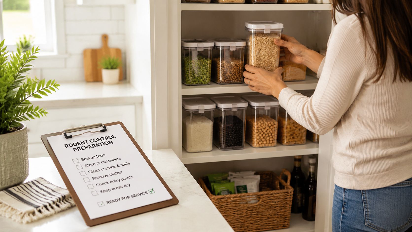 Rodent Control Near Me: A Toronto Homeowner's 2026 Guide 3 A woman organizes clear food containers in a pantry next to a rodent control preparation checklist.