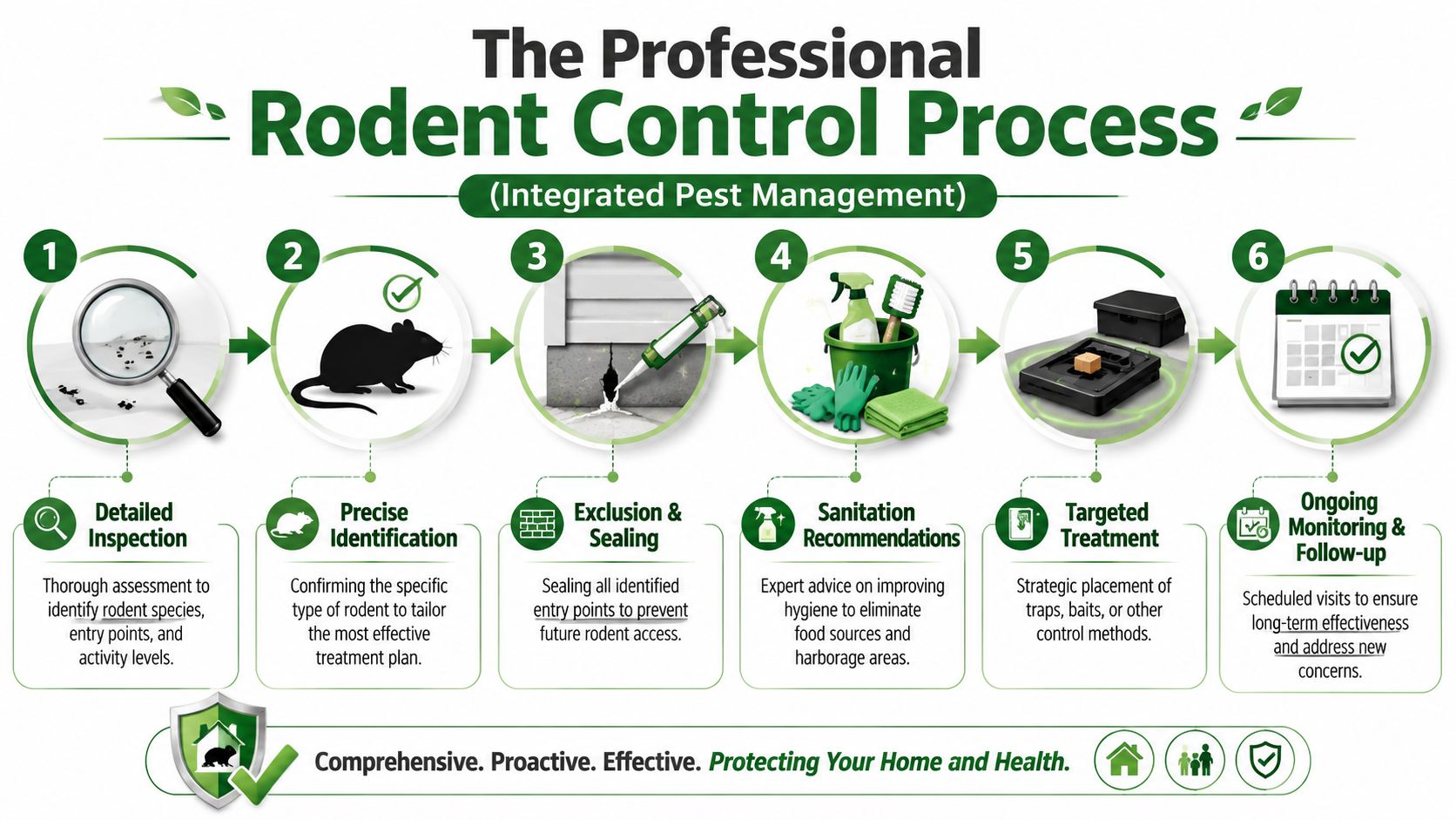 Rodent Control Near Me: A Toronto Homeowner's 2026 Guide 2 A six-step professional infographic outlining the comprehensive rodent control process, from inspection to long-term monitoring and follow-up.