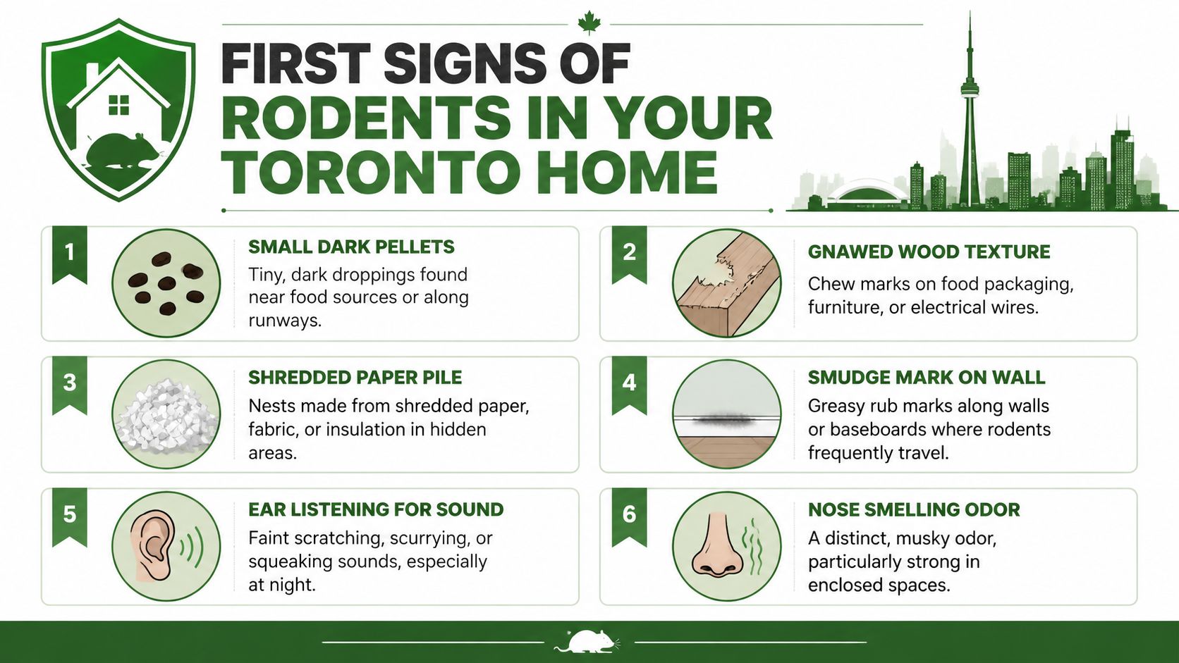 Rodent Control Near Me: A Toronto Homeowner's 2026 Guide 1 An infographic titled First Signs of Rodents in Your Toronto Home listing six common pest infestation indicators.