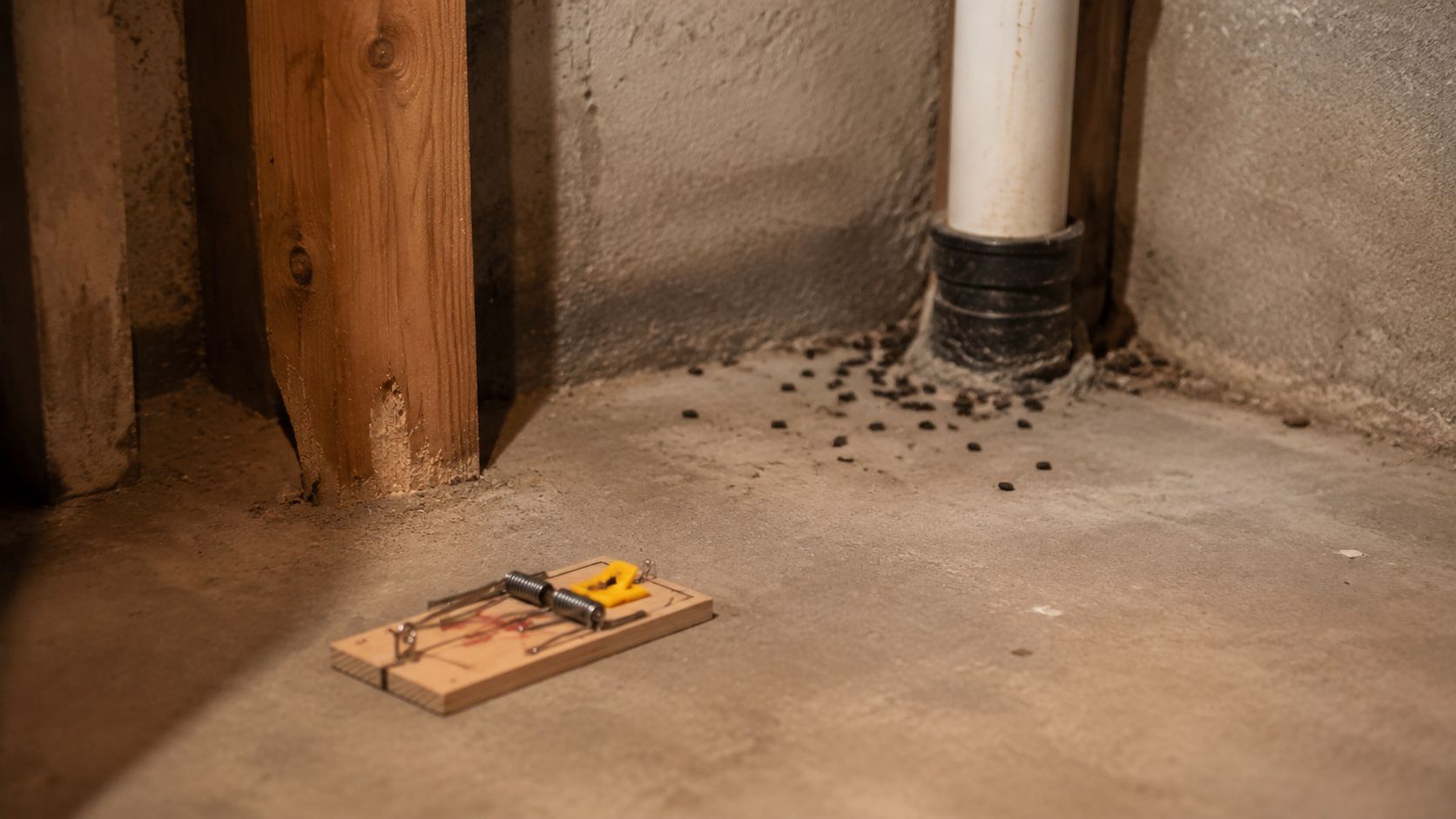 A wooden mousetrap sitting on a concrete floor near a wall with scattered rodent droppings.