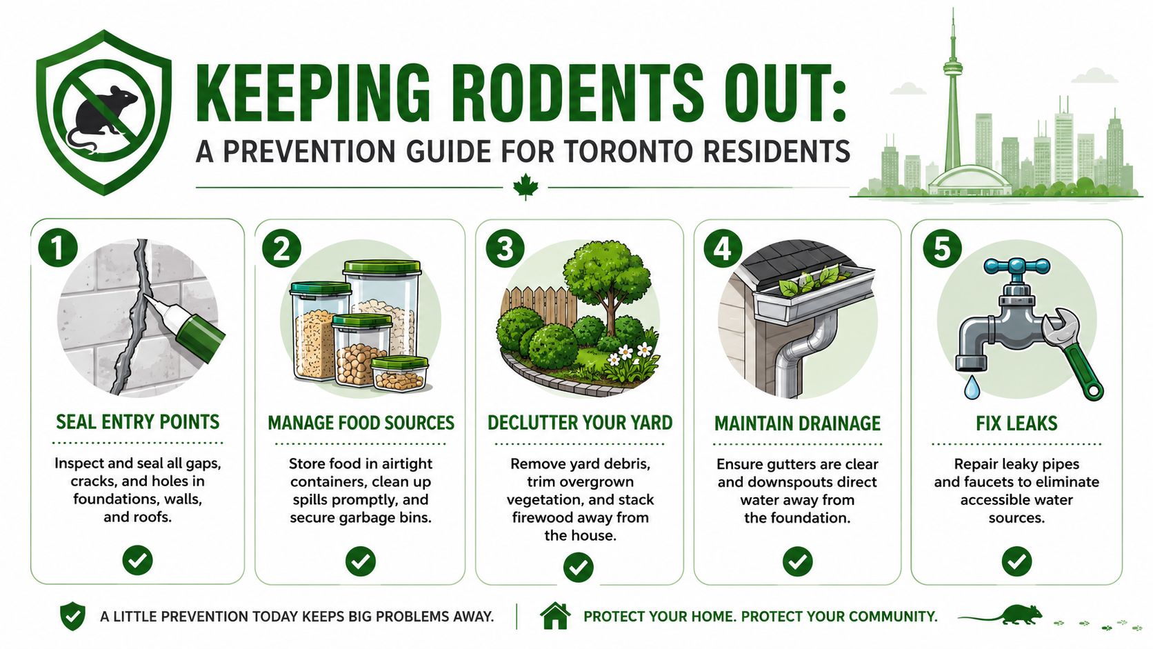 An infographic titled Keeping Rodents Out offering five essential tips for pest prevention in Toronto homes.