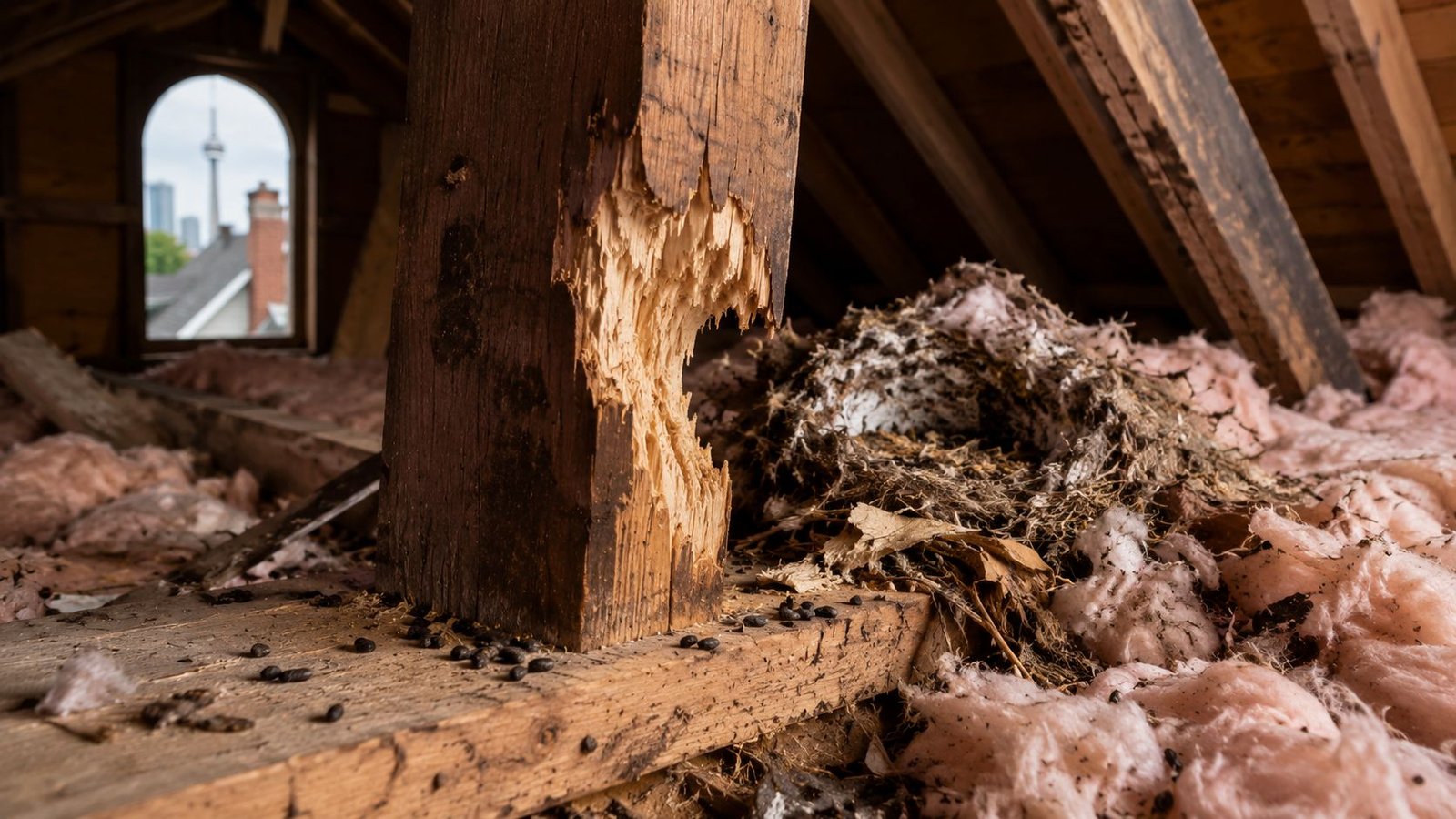 Squirrel Removal Toronto: 2026 Expert Guide 1 A damaged wooden beam in an attic showing signs of chewing by a squirrel, near a nest.