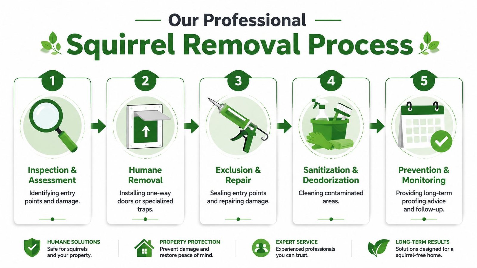 Squirrel Removal Toronto: 2026 Expert Guide 3 A five-step professional squirrel removal process diagram showing inspection, humane removal, repair, sanitization, and long-term prevention.