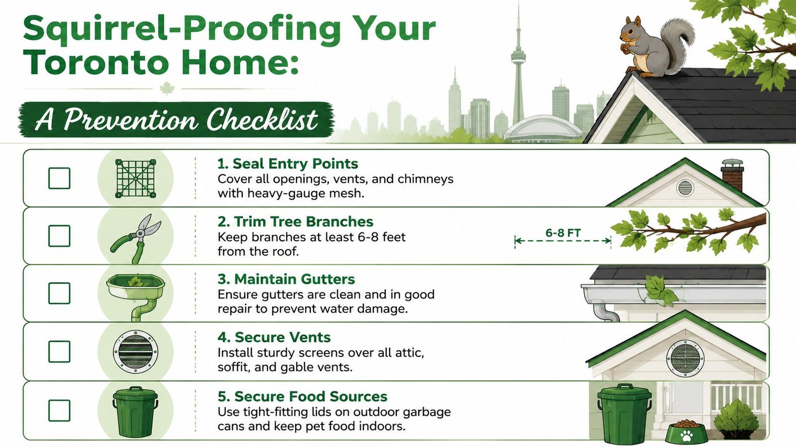 Squirrel Removal Toronto: 2026 Expert Guide 4 An infographic checklist illustrating five effective ways to squirrel-proof a residential home in Toronto, Canada.