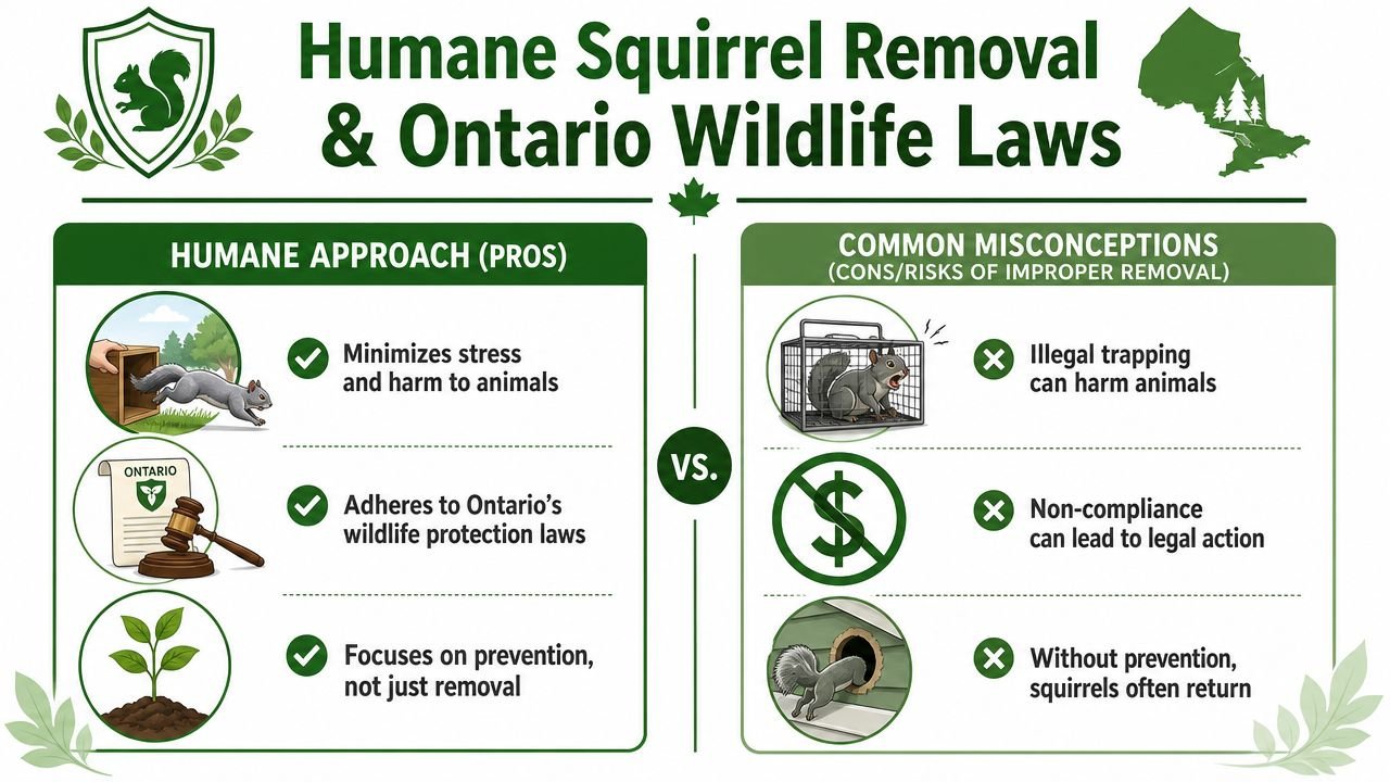 Squirrel Removal Toronto: 2026 Expert Guide 2 An infographic comparing humane squirrel removal methods with risks associated with improper or illegal trapping in Ontario.