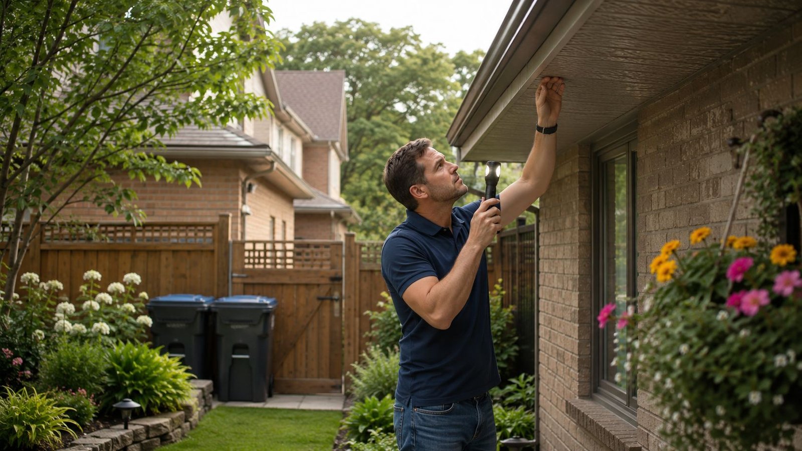 A professional pest control technician inspects the eaves of a residential brick home for wasp nests.