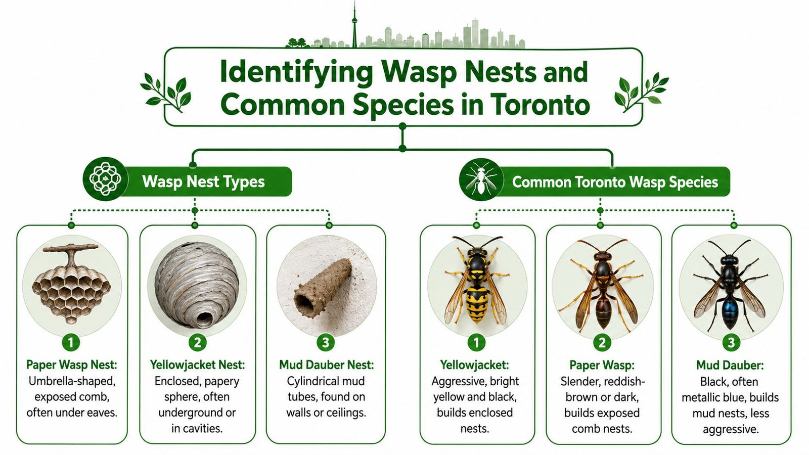 A diagram illustrating and identifying three types of wasp nests and common wasp species in Toronto.