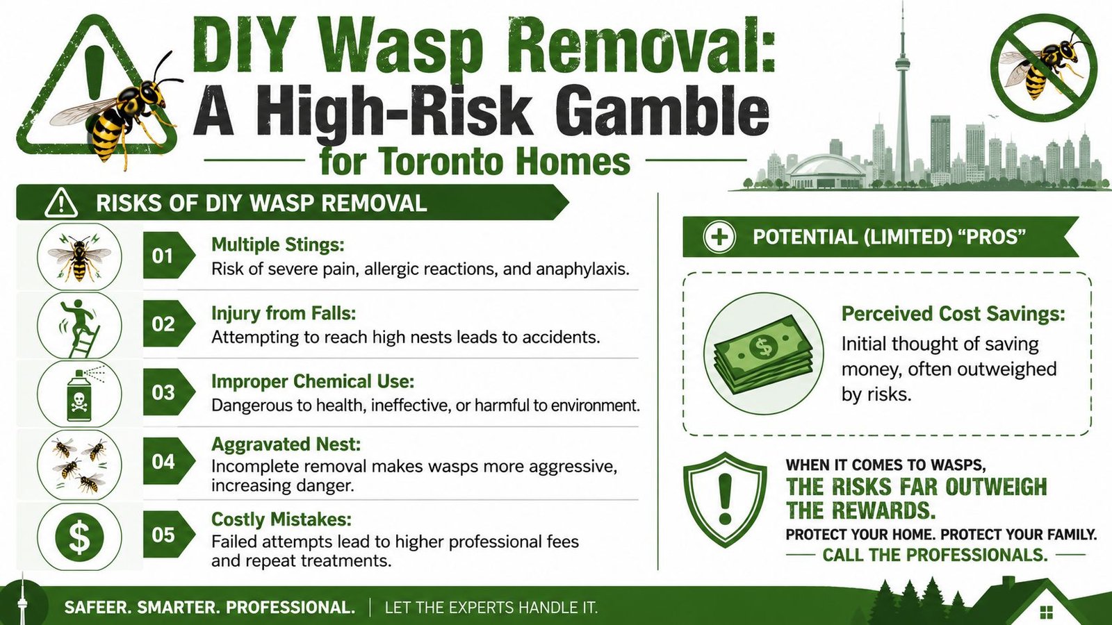 An infographic detailing the risks and dangers of DIY wasp nest removal for homes in Toronto.