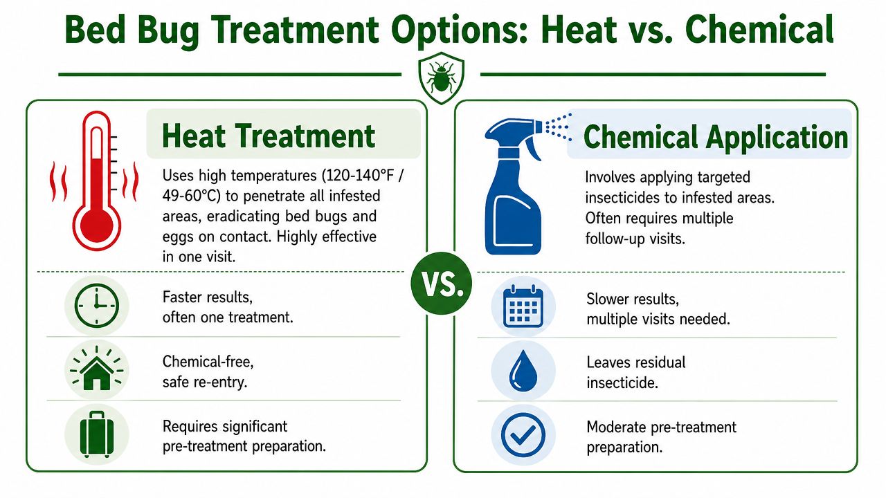 Bed Bug Exterminator Brampton: Your Complete Guide 2 A comparison chart highlighting the differences between heat treatment and chemical application for bed bug extermination.