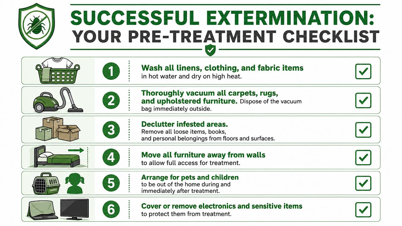 Bed Bug Exterminator Brampton: Your Complete Guide 4 A green and white checklist for preparing a home for successful professional bed bug extermination treatment.