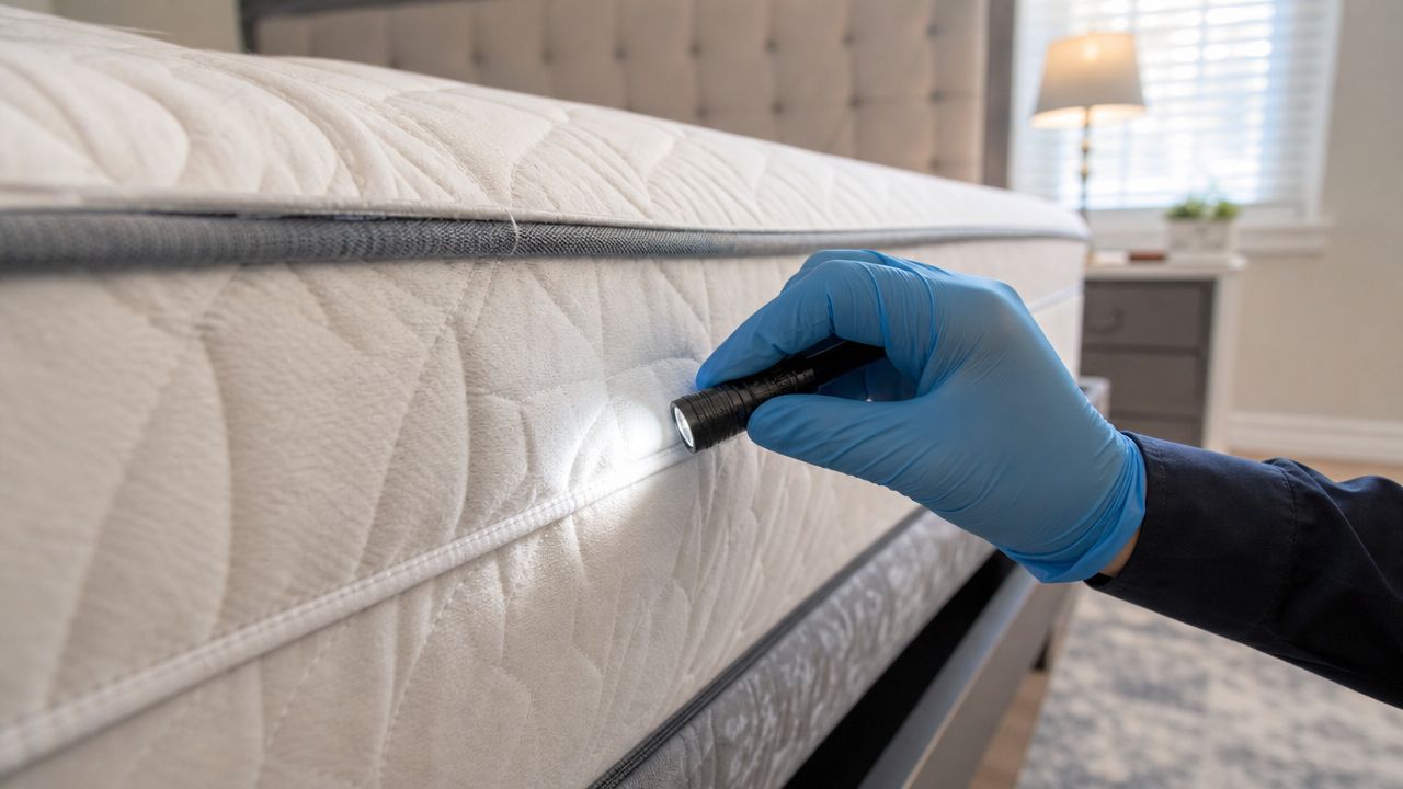 Bed Bug Exterminator Brampton: Your Complete Guide 1 A professional inspector wearing a blue glove uses a flashlight to check a mattress for bed bugs.
