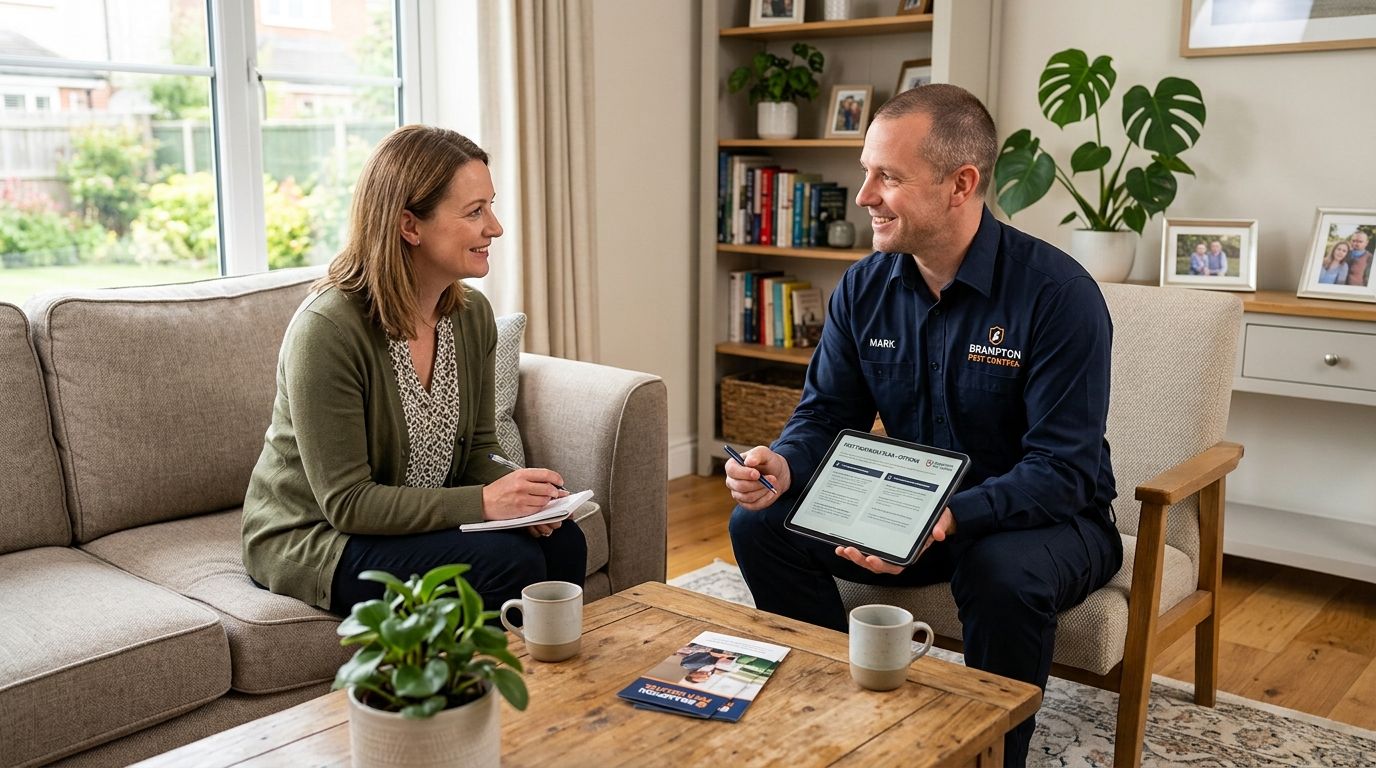 Bed Bug Exterminator Brampton: Your Complete Guide 3 A professional pest control specialist from Brampton Pest Control discussing treatment options with a female homeowner.