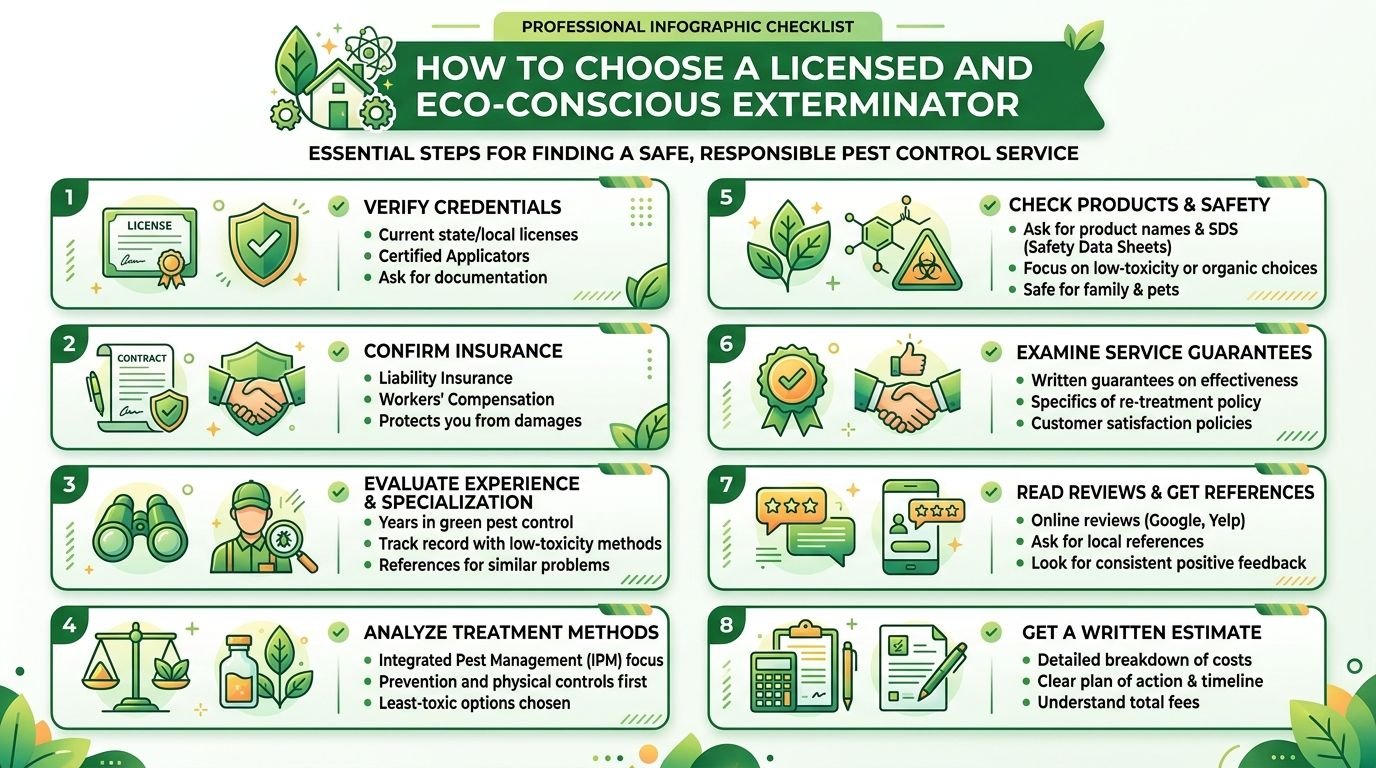 Best Bed Bug Exterminator Toronto: Your 2026 Guide 2 A professional infographic checklist detailing eight essential steps to choose a licensed and eco-conscious pest control exterminator.