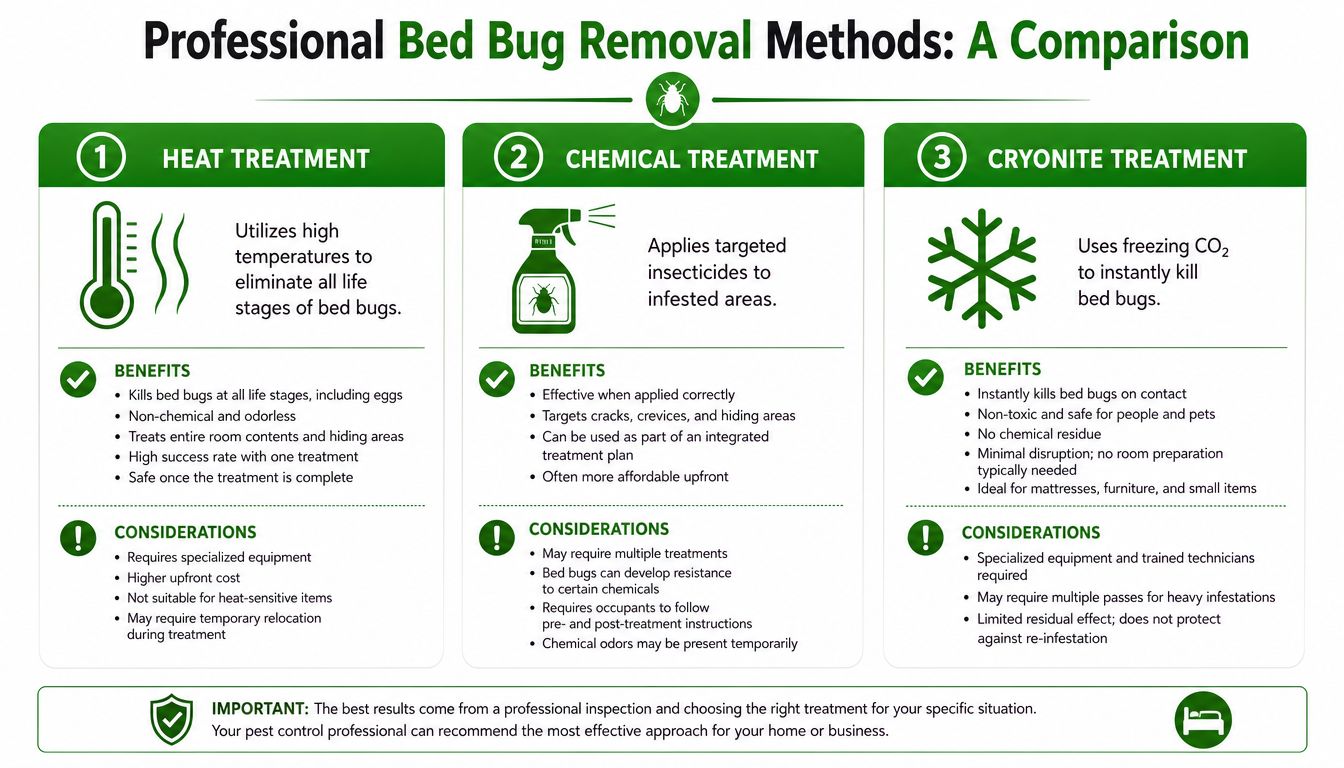 A comparison chart outlining three professional bed bug removal methods: heat, chemical, and cryonite treatments.