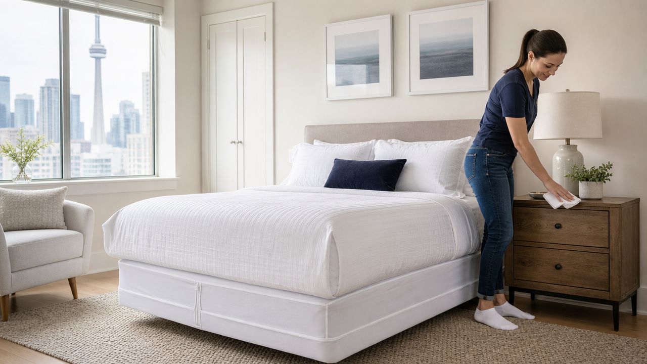 A woman cleaning a nightstand in a bedroom with a view of the Toronto skyline