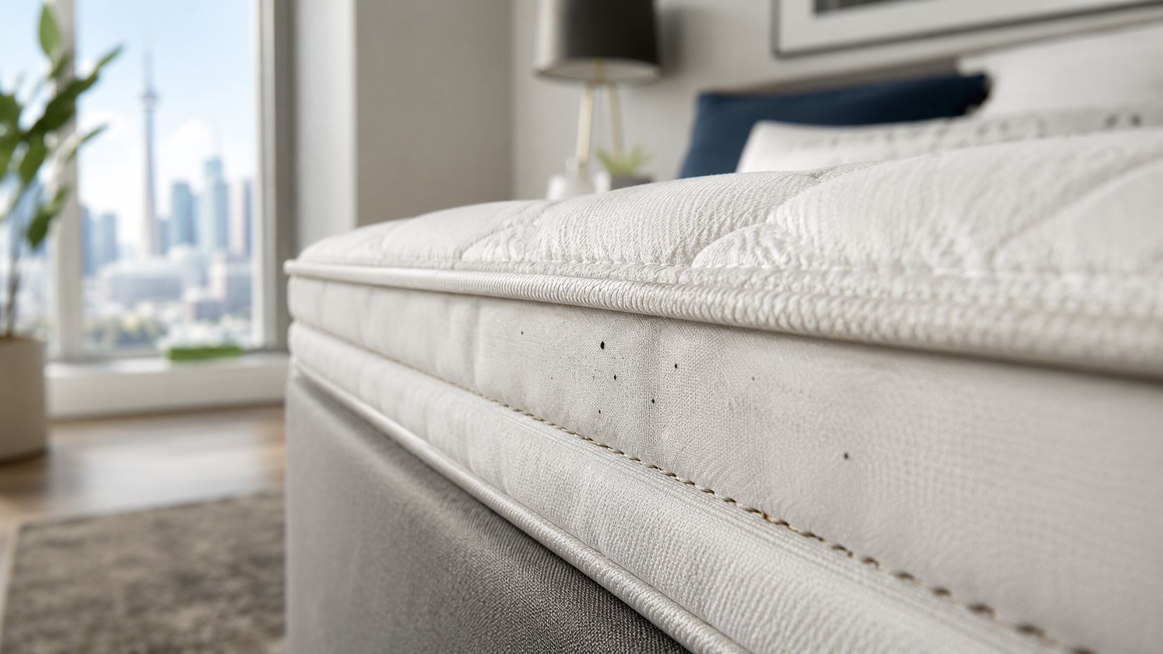 A close-up view of a mattress edge showing dark spots resembling bed bug droppings in a bedroom.