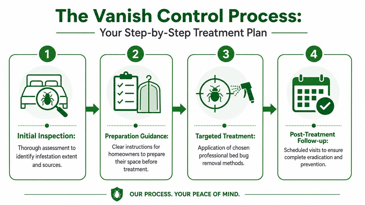 An infographic detailing the four-step Vanish Control Process for effective professional bed bug removal and eradication.
