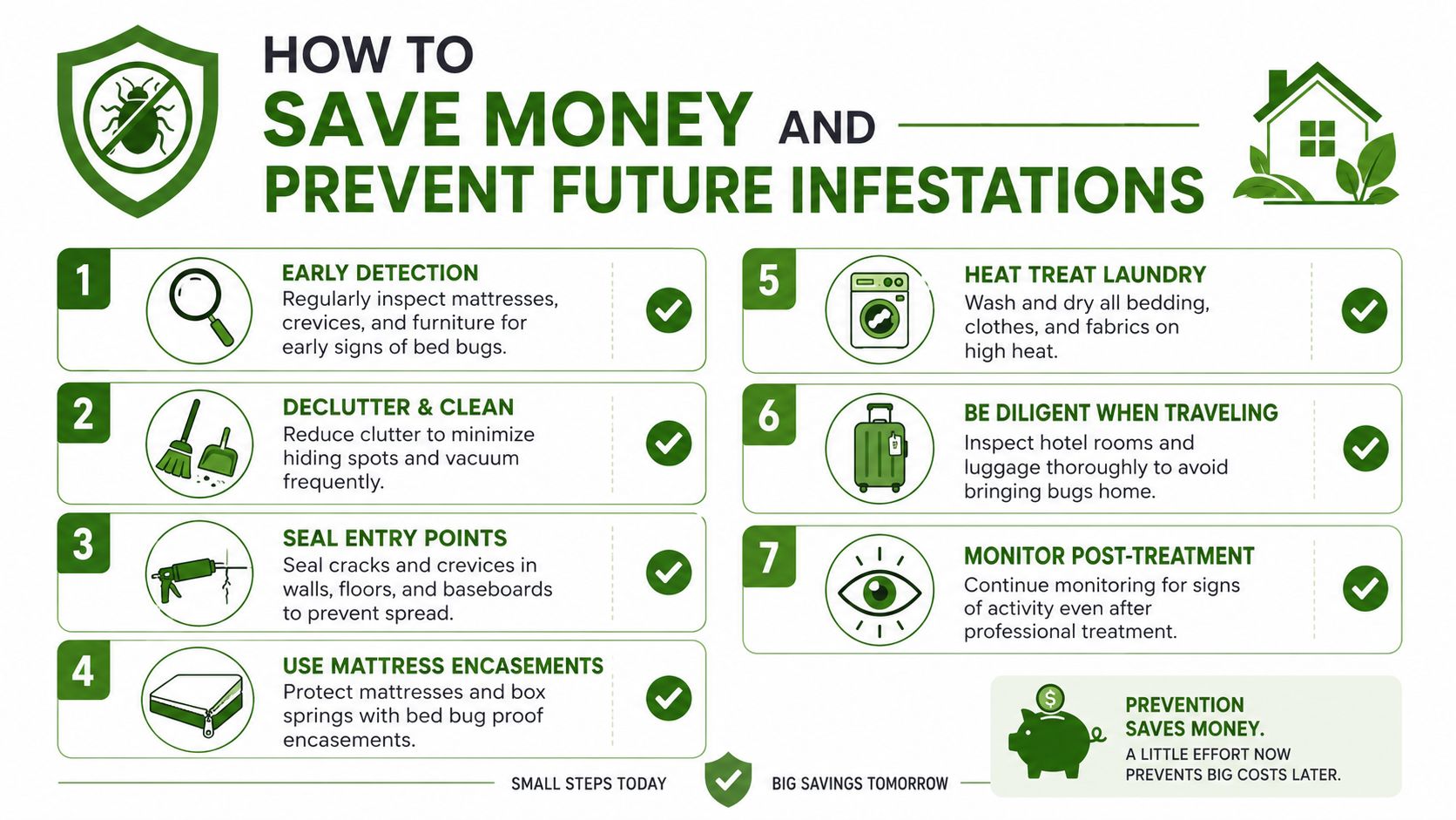 Bed Bug Treatment Price: A Toronto & GTA Cost Guide 2026 4 An infographic titled how to save money and prevent future bed bug infestations with seven steps.