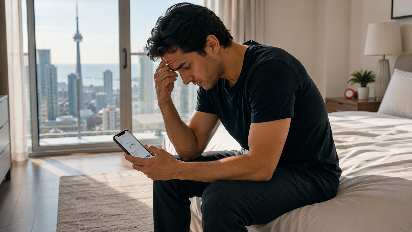 Bed Bug Treatment Price: A Toronto & GTA Cost Guide 2026 1 A distressed man sitting on his bed looking at financial information on his smartphone.