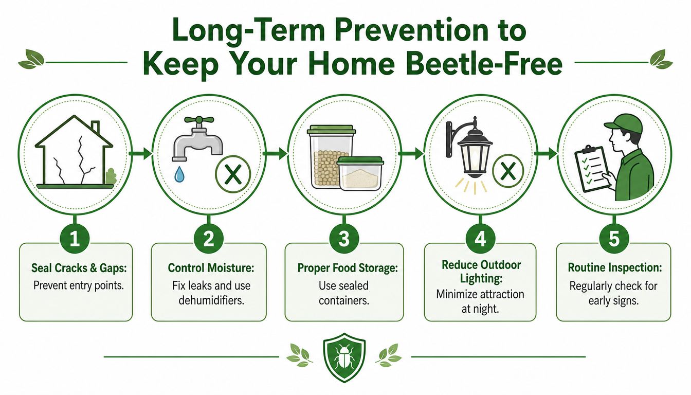 Beetles Inside House: ID & Removal Guide 2026 4 A five-step infographic showing long-term methods to prevent beetles from entering and infesting a residential home.